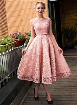 Picture of Cute Pink Tea Length Vintage Style Party Dresses, Lace Bridesmaid Dresses